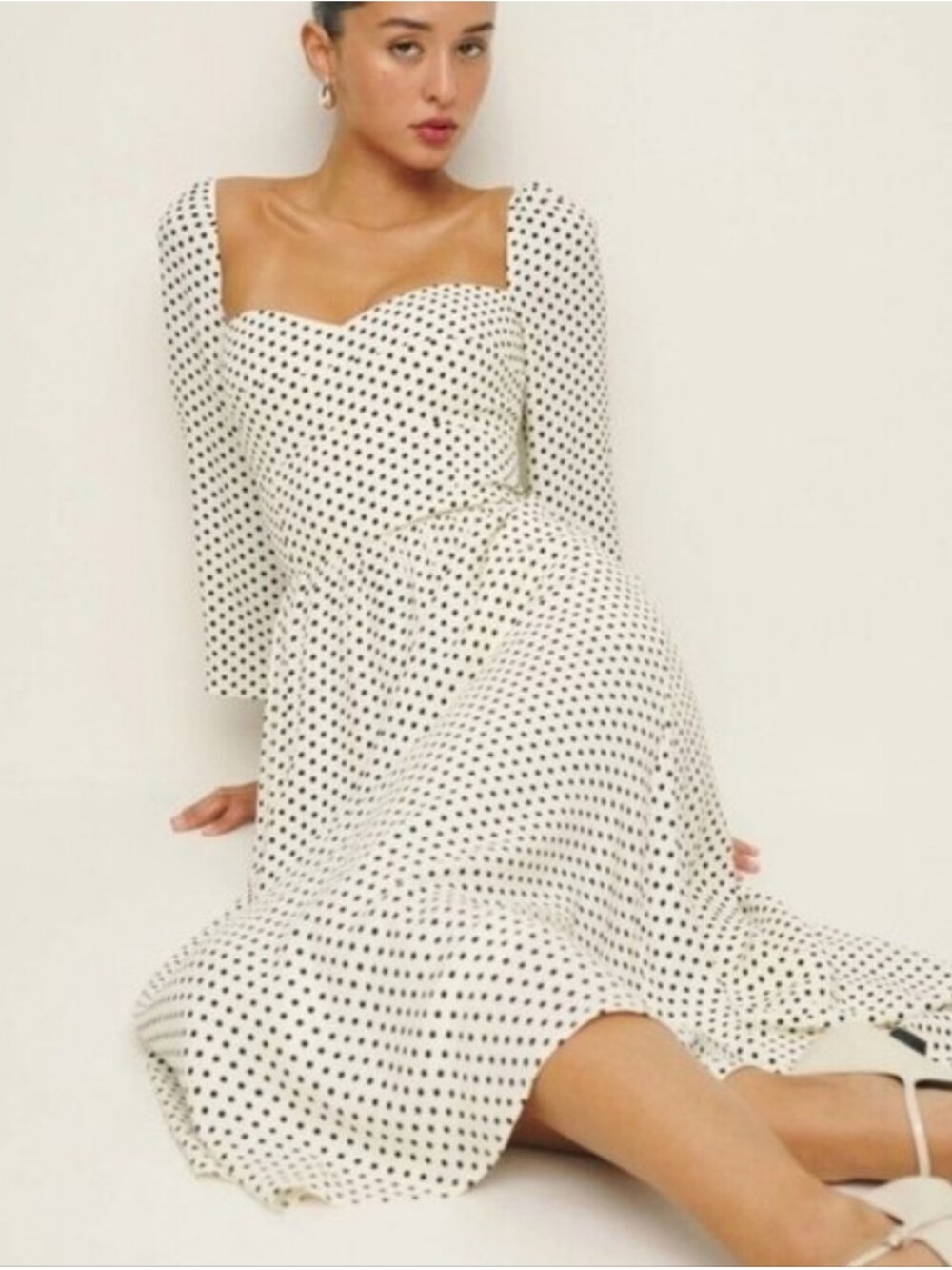 Reformation Inori White Black Polka Dot Square-Neck Midi Dress NWT - Picture 2 of 7